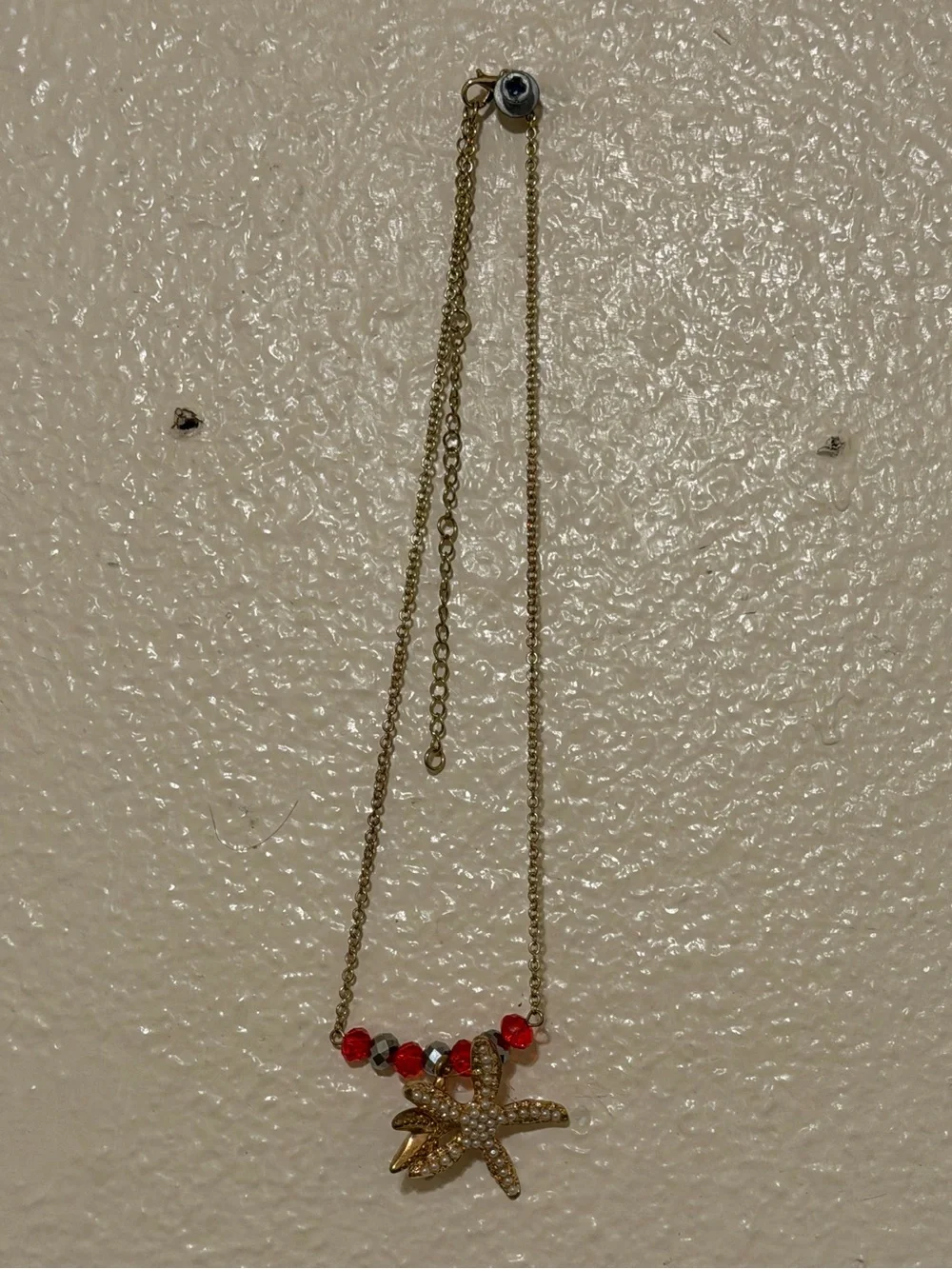 Gold Starfish Pendant Necklace with Red Beads 1/1